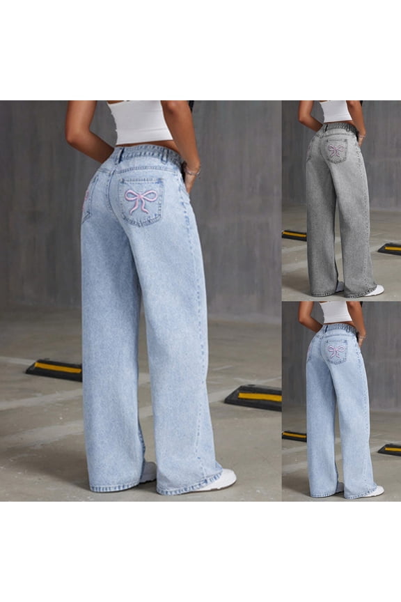 Girls Jeans Baggy Wide Leg Ripped Denim Pants Heart & Flower Print High Elastic Waisted Y2K Skater Outfits 8-12Y Cute Baggy Jeans For Girls 10-12 Ripped