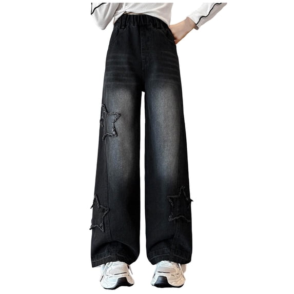 Girls Jeans Big Kids Spring And Fall Fashionable Star Patch Loose Wide Straight Leg Pants 