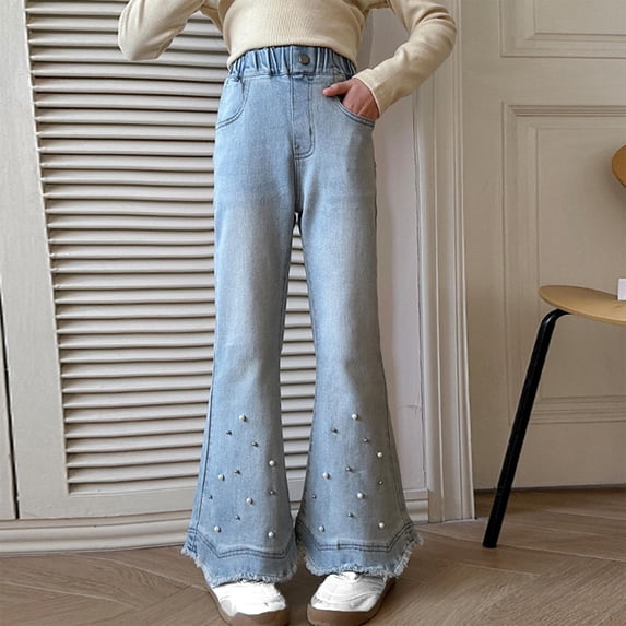 Girls Jeans Bootcut Ripped Elasticated Waist Retro Style Denim Pants for Kids Fit Blue 12-13 Years