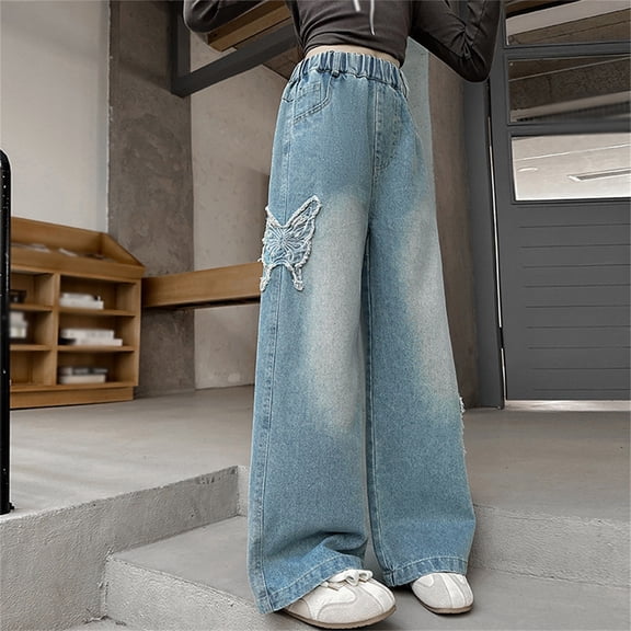 Girls' Jeans Butterfly Jeans Girls Straight Leg Wide Leg Denim Jeans High Waist Baggy Pants with Pocket Girl Pants Size 8-9 Years