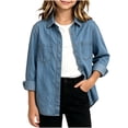 thumbnail image 1 of Girls' Jeans Button Down Shirt Jackets Long Sleeve 2 Chest Pockets Lapel Collar Trendy Fall Shacket Blouses (5T, Blue), 1 of 8