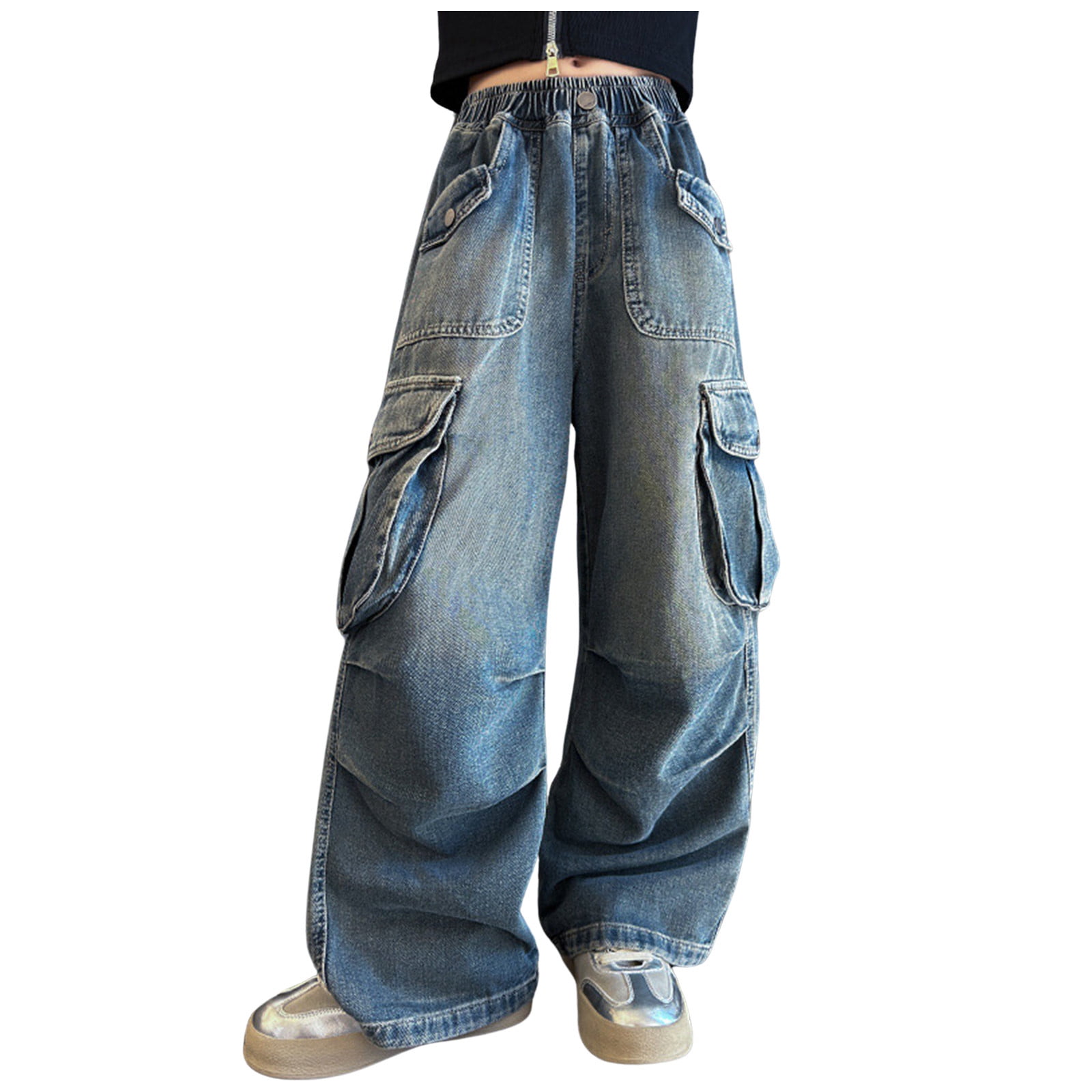 Jeans Girls Cargo Baggy Pants Elastic Waist Wide Leg Jeans