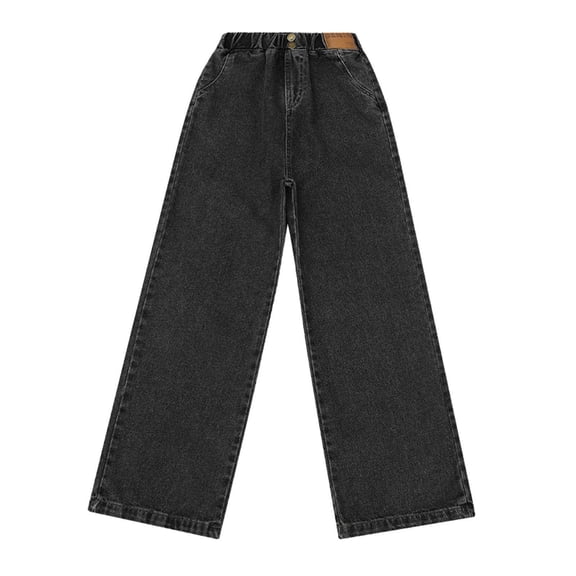 Girls Jeans Cargo Baggy Wide Leg Denim Straight Loose Pants Tween High Elastic Waistband with Pockets Youth Teen Casual Pants(,Color:Black,Size:6-7 Years)