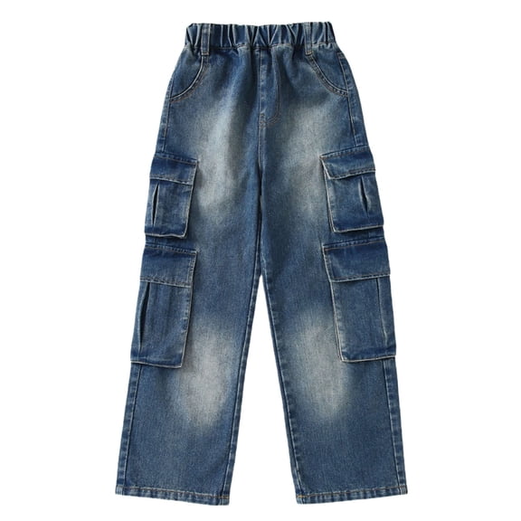 Girls Jeans Cargo Baggy Wide Leg Denim Straight Loose Pants Tween High Elastic Waistband with Pockets Youth Teen Casual Pants(,Color:Blue,Size:6-7 Years)