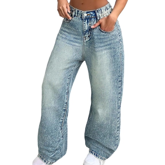 Girls Jeans Cargo Baggy Wide Leg Denim Straight Loose Pants Tween High Elastic Waistband with Pockets Youth Teen Casual Pants(,Color:Sky Blue,Size:13-14 Years)