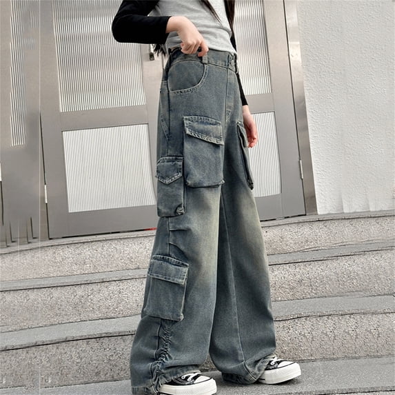 Girls Jeans Cargo Jeans Girls Straight Leg Wide Leg Denim Jeans High Waist Girls Jeans Baggy with Pockets Girls Back to School Outfits 5-6 Years