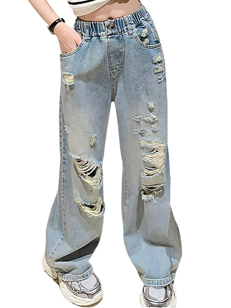 Girls Jeans Casual Wide Cool Ripped Jeans Washed Baggy Jeans for