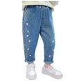 thumbnail image 1 of Girls Jeans Cute Hearts Printed Oversized Joggers Elastic Waist Denim Pants Kids Leggings with Pockets Z03-Blue 7-8 Years, 1 of 5