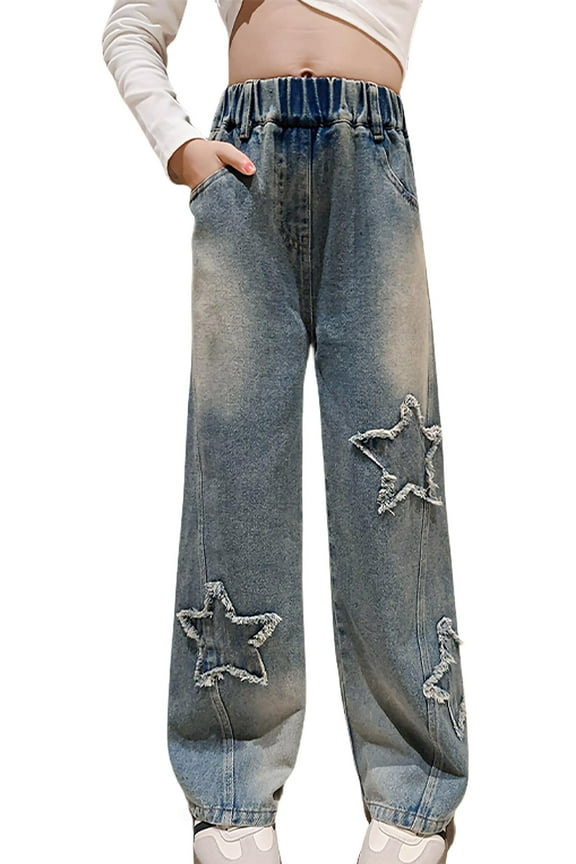 Girls Jeans Denim Casual Wide Cool Ripped Casual Pocket Juniors Jeans Clothes Size 5-14 Years