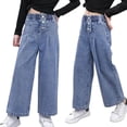 thumbnail image 1 of Girls Jeans Denim Elastic Waist Staight Wide Leg Baggy Denim Pants Girls Pants Size 6 Kids Clothes with Pockets Size 10-11 Years 1_Blue, 1 of 8