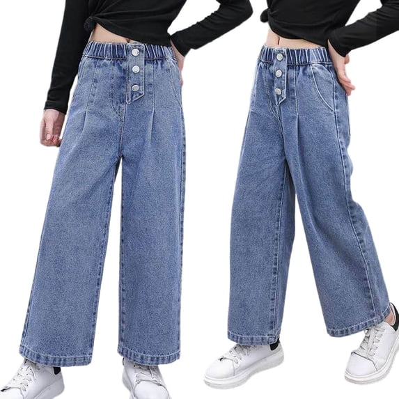 Girls Jeans Denim Elastic Waist Staight Wide Leg Baggy Denim Pants Girls Pants Size 6 Kids Clothes with Pockets Size 10-11 Years 1_Blue