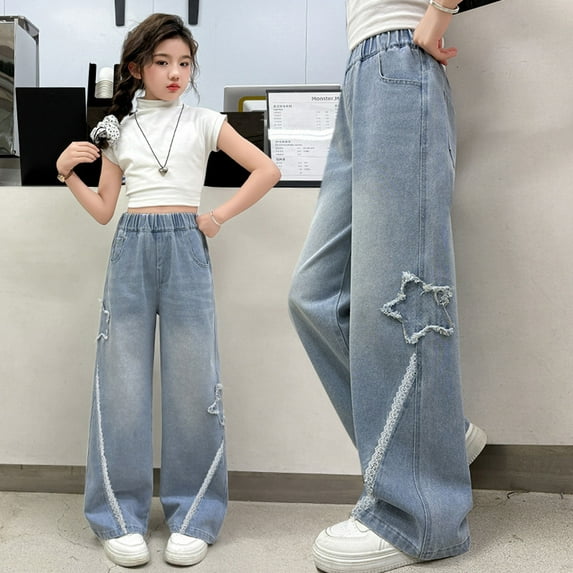 Girls' Jeans Denim Elastic Wasit Ripped Wide Leg Jean Denim Pants Teen Girl Clothes Girl Jeans Size 10-11 Years Girls Fashion