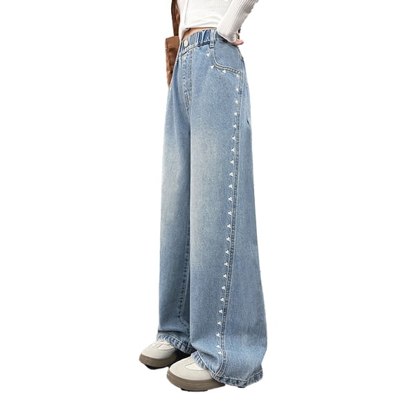 Girls' Jeans Denim Elastic Wasit Wide Leg Baggy Loose Soft Kids Clothes Size 9-10 Years