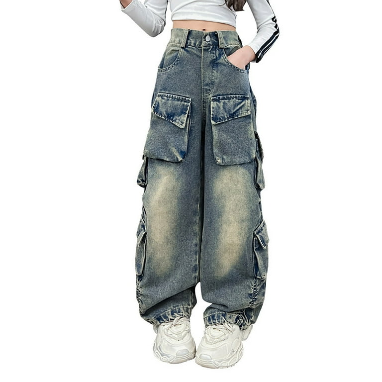 Girls Jeans Denim Elastic Wasit Wide Leg Baggy Pants Flap