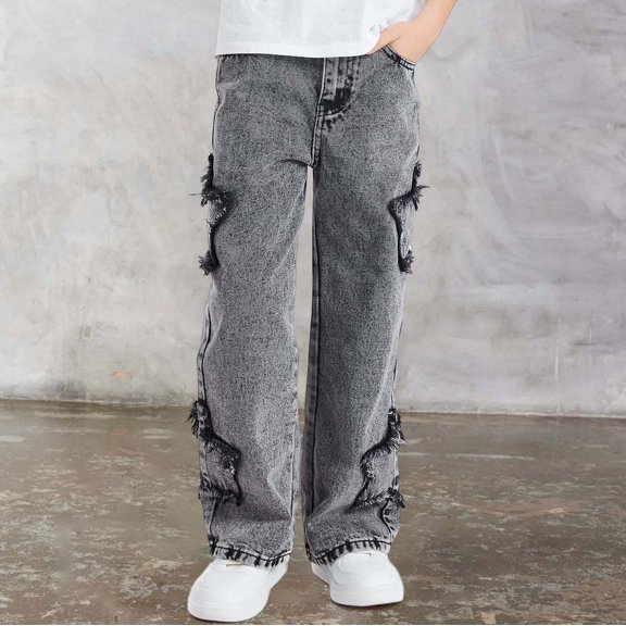 Girls' Jeans Denim Elastic Wasit Wide Leg Baggy Pants for Teens Cute Pants 8-9 Years Girls Fashion