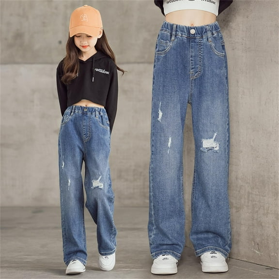 Girls' Jeans Denim Elastic Wasit Wide Leg Jeans Teen Clothing Clothes for Girls