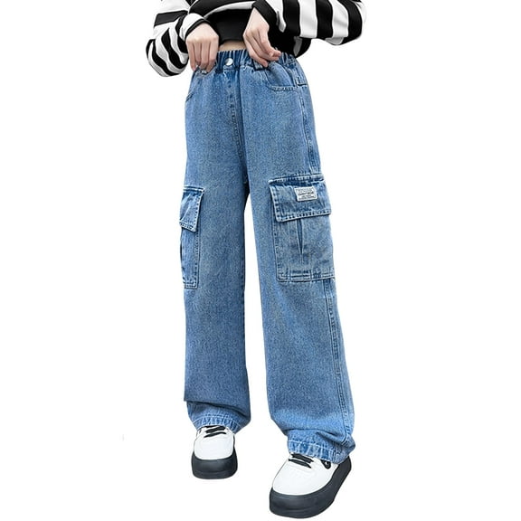 Girls Jeans Denim Elastic Wasit Wide Leg Pants Casual Pocket Grunge Jeans Age 5-14 Years
