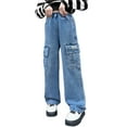 thumbnail image 1 of Girls Jeans Denim High Waisted Wide Leg Baggy Button Jeans Grunge Jeans Age 5-14 Years, 1 of 5