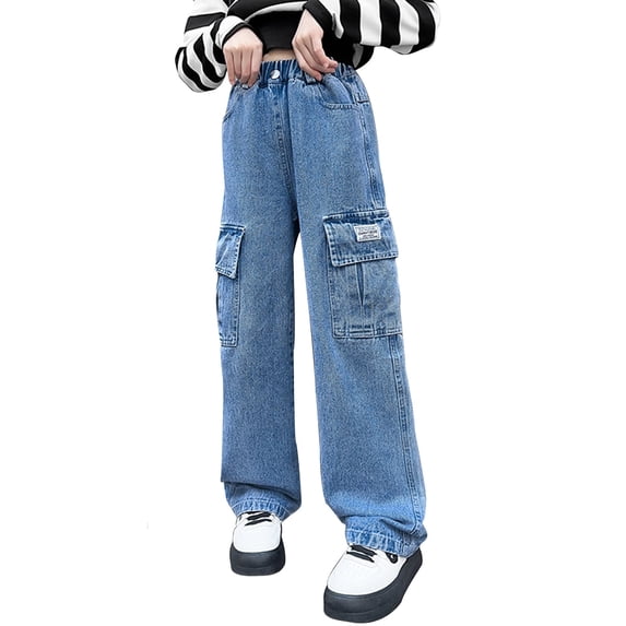 Girls Jeans Denim High Waisted Wide Leg Baggy Button Jeans Grunge Jeans Age 5-14 Years