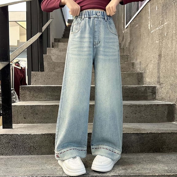 Girls' Jeans Elastic High Waist Wide Leg Baggy Pants Teen Girl Clothes Summer Clothes for Teen Girls 11-12 Years Girls Fashion