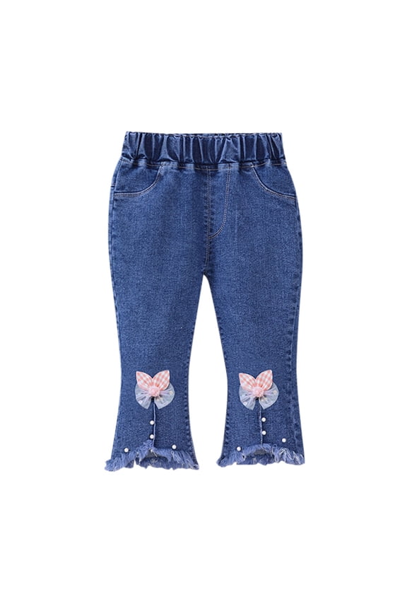 Girls Jeans Elastic Waist Bowknot Pattern Kids Denim Pants Toddler Trousers with Pockets(120 4-5 Years,Pink)
