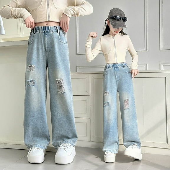 Girls' Jeans Elastic Waist Jeans Girls Straight Leg Wide Leg Denim Jeans High Waisted Baggy Jeans Girls Casual Jeans Girls 4-5 Years