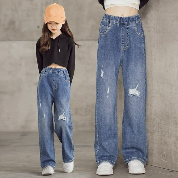 Girls Jeans Elastic Waist Ripped Wide Leg Pants for Teens Kids Jeans Girls 7-8 Years Girls Fashion