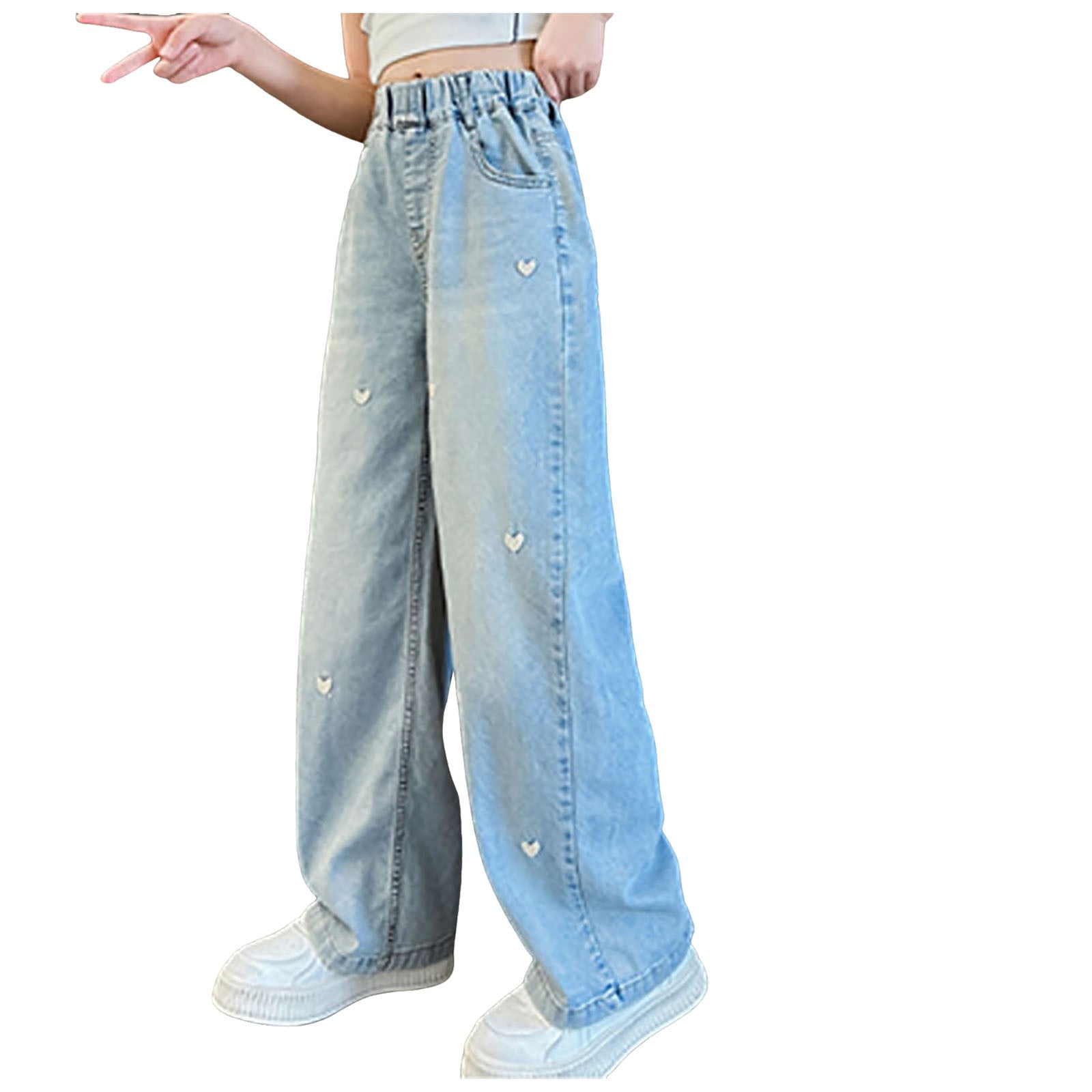 Rolanko Girls Baggy Jeans Distressed Denim Pants Elastic Waist Wide Leg