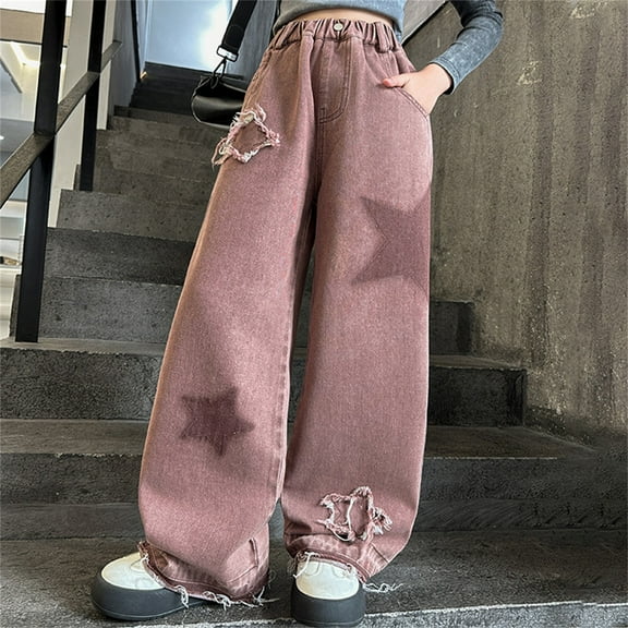 Girls Baggy Jeans Elastic Waist Wide Leg Denim Pants Teen Girl Clothes Summer Clothes for Girls