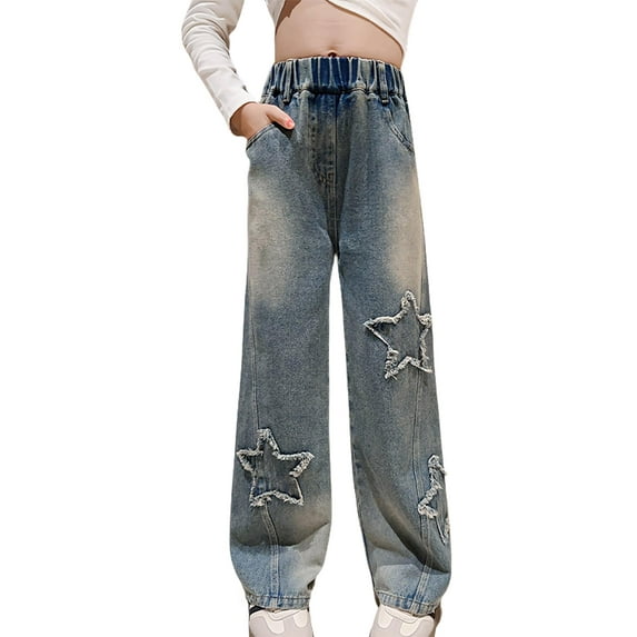 Girls Jeans Denim Elastic Wasit Cool Ripped Button Jeans Teen Girls Clothes 5-14 Years