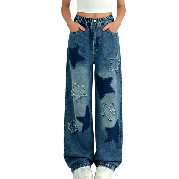 Girls Jeans Fashion Star Embroidery Elastic Waisted Wide Leg Denim Pants with Pockets Teen Clothes Size 3-15
