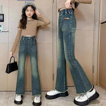 Girls' Jeans Flare Leggings for Girls Embroidered High Waisted Girls Wide Leg Pants with Pockets for Teens 7-8 Years