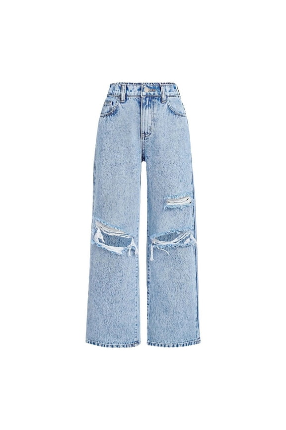 Girls Jeans Girls Clothes Baggy Jeans for Girls Wide Leg Ripped High Elastic Waisted Denim Pants Cute Summer Trousers Y2K Streetwear