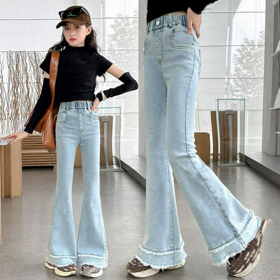 Girls Jeans Girls Elastic Waist Jeans Girls Bell Bottom Jeans High Waist Baggy Pants Casual Teen Outfits for Girls 6-7 Years