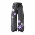 thumbnail image 1 of Girls Jeans Girls Floral Print Jeans Girls Straight Leg Wide Leg Denim Jeans High Waist Girls Loose Pants with Pockets Girls 7-8 Years Clothes, 1 of 4