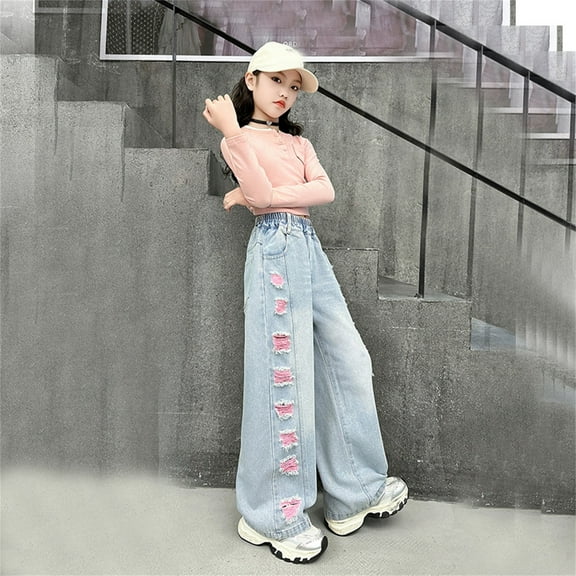 Girls Jeans Girls Ripped Jeans Girls Straight Leg Wide Leg Jeans High Waist Baggy Jeans Casual Pants Girls 4-5 Years