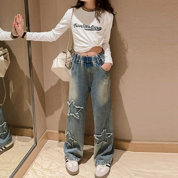 Girls Jeans Girls Star Jeans Girls Straight Leg Jeans Wide Leg Jeans High Waist Baggy Jeans Girls Casual Teen Outfits for Girls 8-10 Years