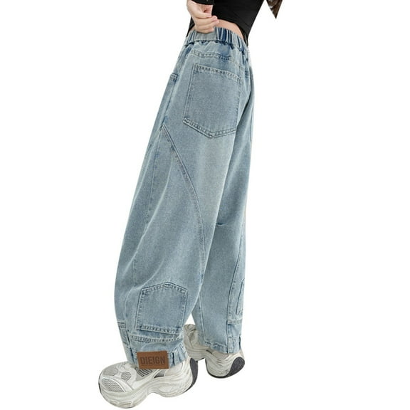 Girls Jeans Girls Stretchy Waist Denim Pants Comfortable Loose Fit Casual Long Jeans Pants Girls Light Blue 4 Years-5 Years