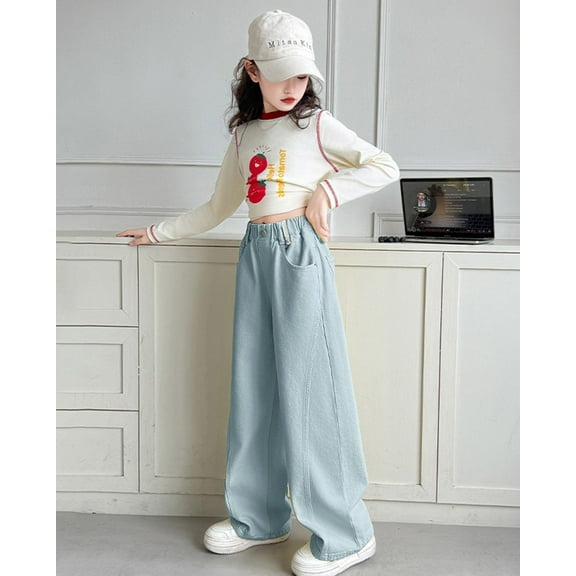 Girls Jeans High Waist Wide Leg High Waist Denim Pants for Teens Cute Clothes 4-5 Years Girls Fashion