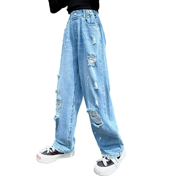 Girls Jeans High Waisted Cool Ripped Kids Jeans Bell Bottoms for Girls Age 5-14 Years