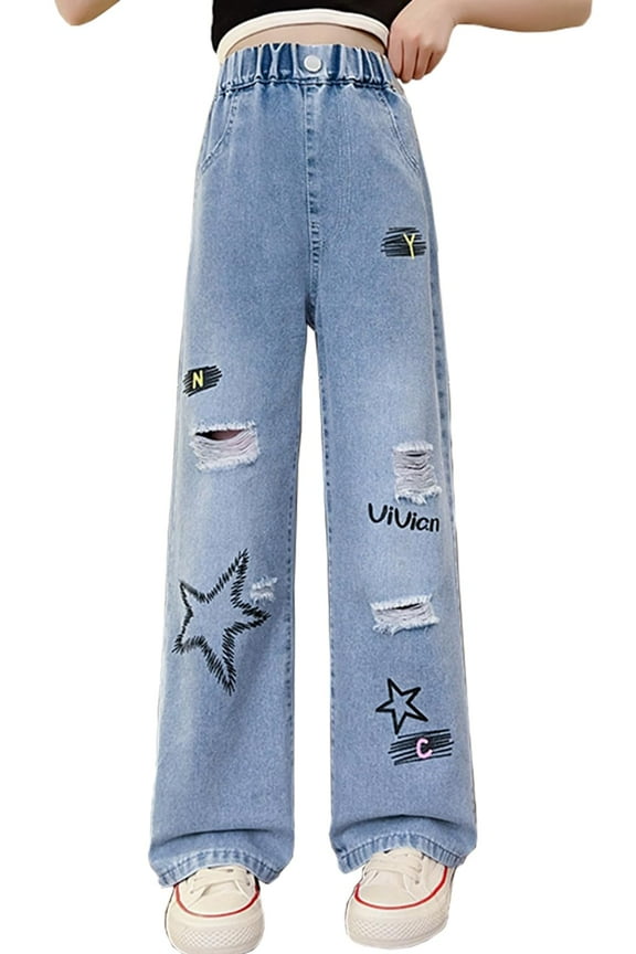 Girls Jeans High Waisted Cool Ripped Straight Leg Juniors Jeans Age 5-14 Years