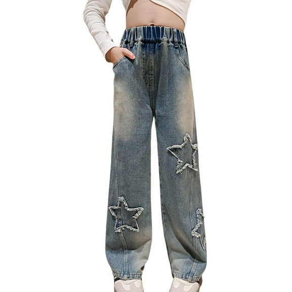 Girls Jeans High Waisted Leg Denim Pants Jeans Washed Cute Teen Girl Clothes Age 5-14 Years