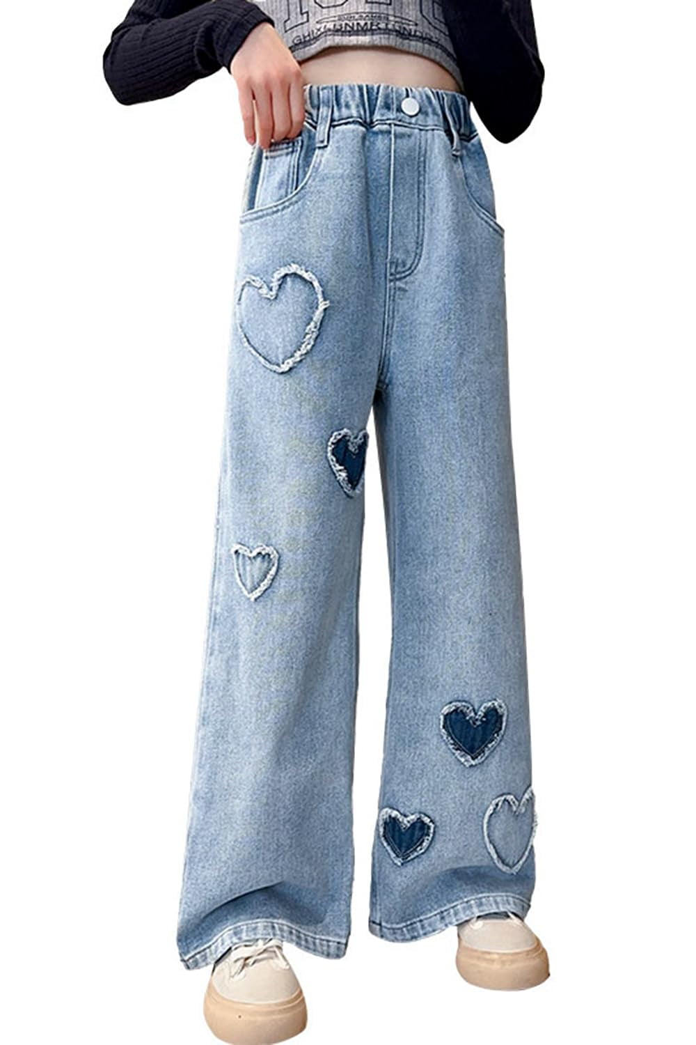 【WONDER WONDER】Hapo Teen Washing Long Wide Denim Pants Wonder Nation Girls Wide Leg Jean, Sizes 4-18 & Plus