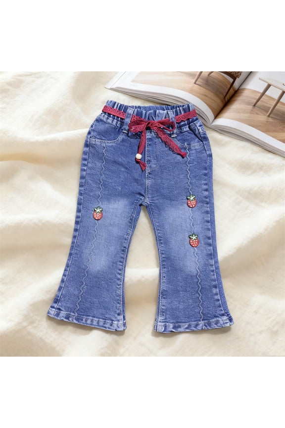 Girls Jeans Kids Kids Elastic Waist Flare Leg Blue Denim Pants with Strawberry Embroidery & Lace Drawstring,Size 3-4 T