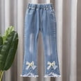 thumbnail image 1 of Girls Jeans Light Blue Bootcut Elastic Waist Bow & Pearl Detail Frayed Hem Pants for Kids 2-13 Years,Size 5-6 T, 1 of 6