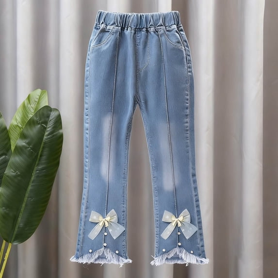 Girls Jeans Light Blue Bootcut Elastic Waist Bow & Pearl Detail Frayed Hem Pants for Kids 2-13 Years,Size 5-6 T