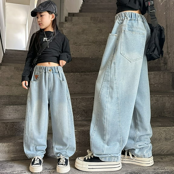 Girls Jeans Pants Denim Elastic Wasit Wide Leg Pants Girls Baggy Jeans for Girls 8-9 Years