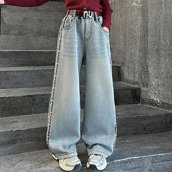 Girls Jeans Pants Elastic High Waist Wide Leg Baggy Pants Pants for Teen Girls Girls Pants Size 11-12 Years Girls Fashion