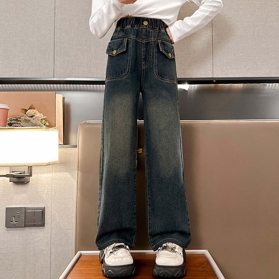 Girls Jeans Pants Elastic High Waist Wide Leg High Waist Denim Pants Teen Girl Clothes Pants Girls 6-7 Years Girls Fashion