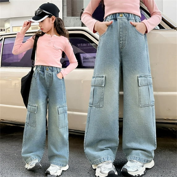 Girls Jeans Pants Elastic High Waist Wide Leg Jean Denim Pants Casual Denim Pants with Pockets for Little Girls 8-9 Years Cute Girl Clothing